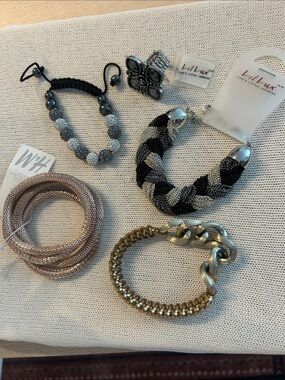 Black & Silver & Gold Braided Statement Bracelet and Flower Ring